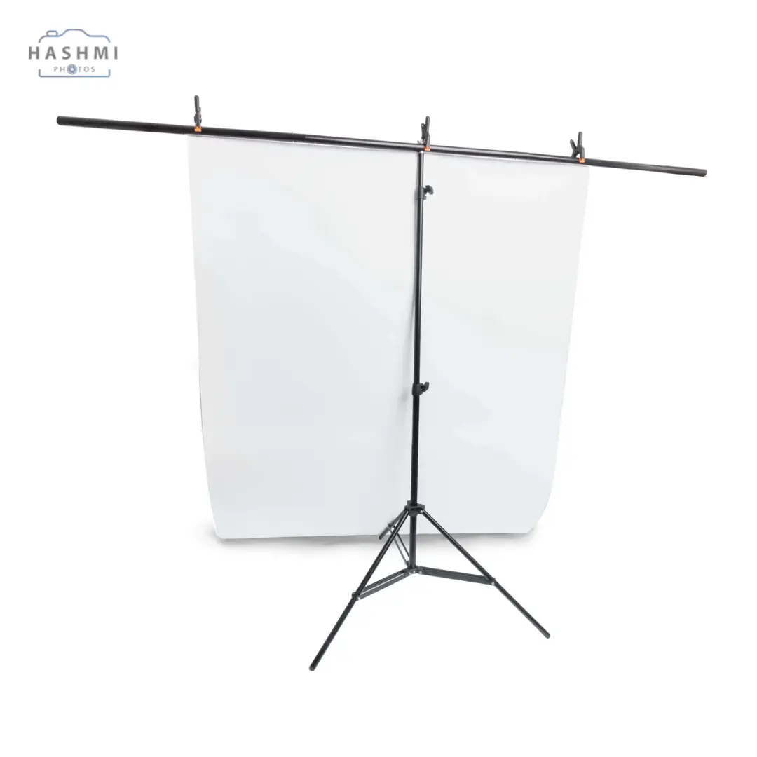 1 - T Bar Background Stand & 100x200cm Matte PVC Background - White - Hashmi Photos PK