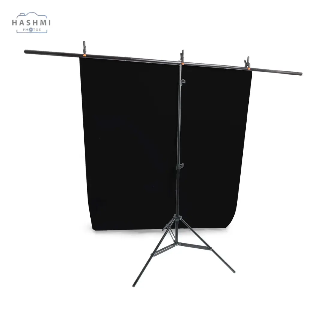 2 - T Bar Background Stand & 100x200cm Matte PVC Background - Black - Hashmi Photos PK